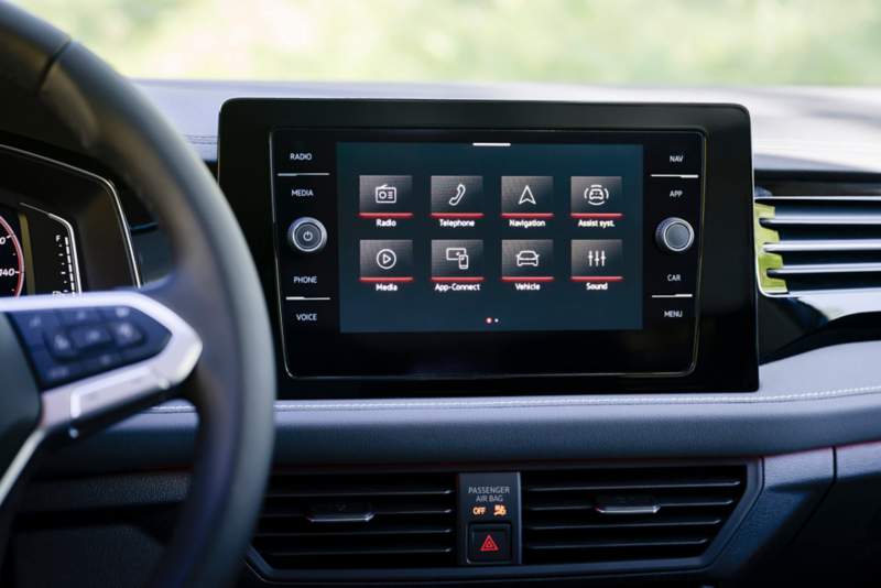 Close up of the center touchscreen infotainment display in a Jetta.
