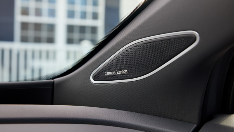 A close-up view of an available Harman Kardon speaker on the a-pillar of an ID.4.