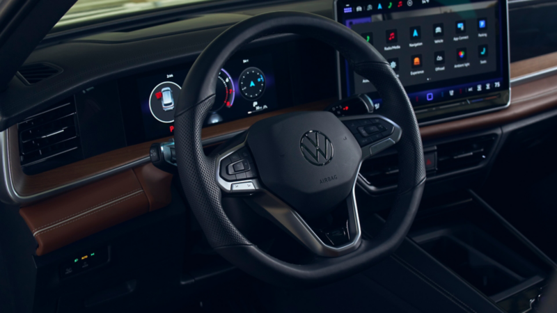Close up view of the VW Digital Cockpit Pro and available heated steering wheel.
