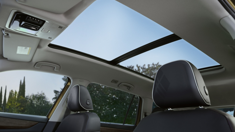 Interior view of an Atlas looking up through the available panoramic sunroof with trees visible through the windows.