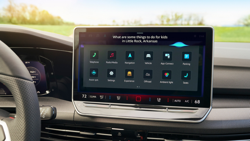 Close-up of a Volkswagen Golf GTI display screen showing voice assistant results.