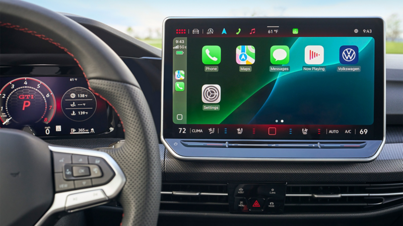 Interior shot showing display screen of the Golf GTI displaying the home menu.