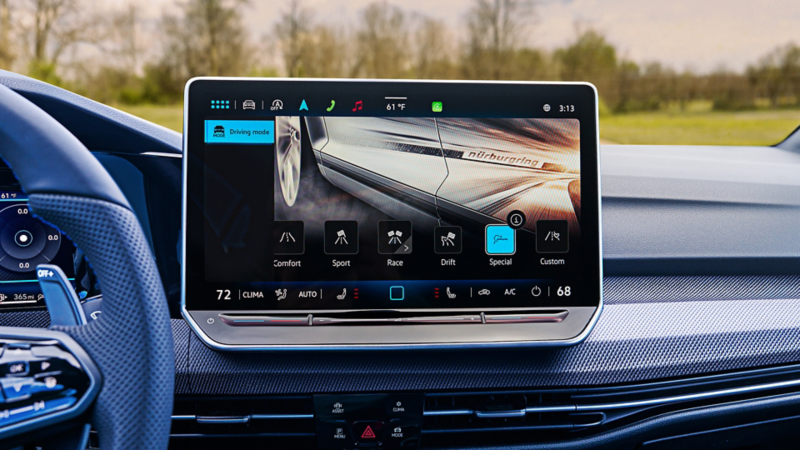 Touchscreen display in the Golf  R showing driving mode selection.