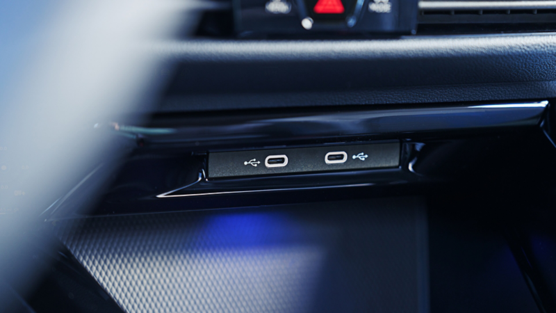USB-C ports in the center console of a  Golf R