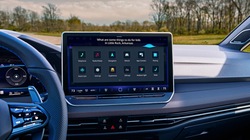 Close-up of a Volkswagen Golf R display screen showing voice assistant results.