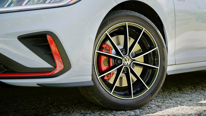Jetta GLI alloy wheel and red brake caliper detail