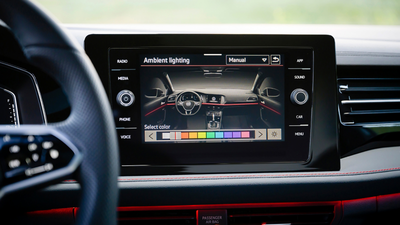 Close-up of the touchscreen display in the Jetta GLI showing ambient mood lighting settings.