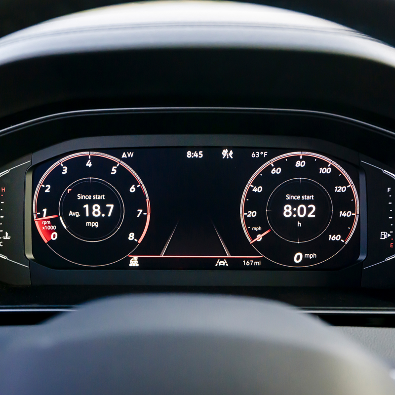 Close-up of the digital cockpit display on the Jetta GLI