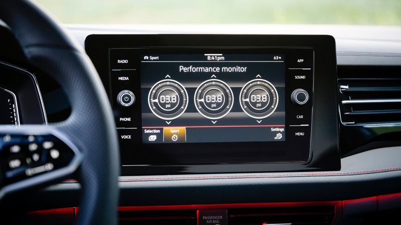 Volkswagen Jetta GLI infotainment touchscreen showing the Performance Monitor