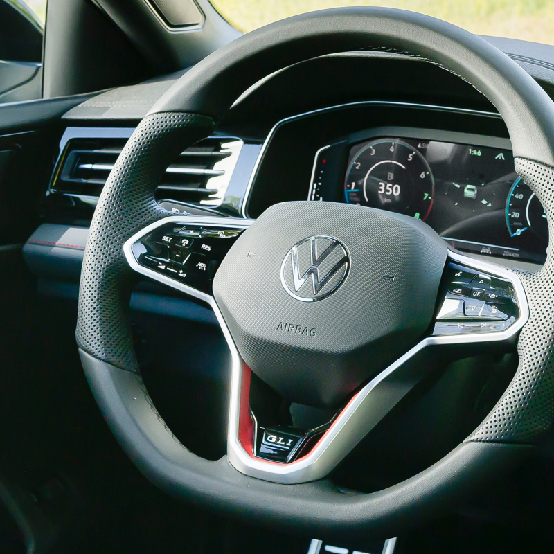 Interior view of the Jetta GLI showing the steering wheel and part of the dashboard