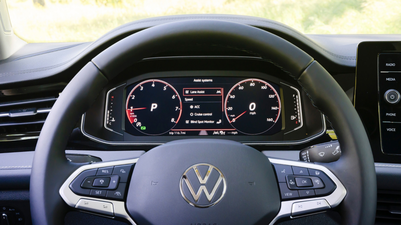 Close-up of the digital cockpit display on the Jetta