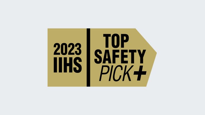 Graphic showing the words ‘2023 IIHS Top Safety Pick +’ on a gold badge.