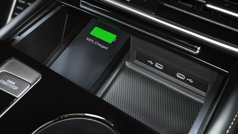 Close-up of the wireless charging pad inside the Jetta