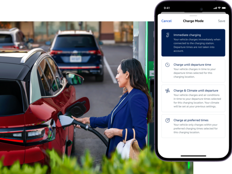 A parked ID.4 SUV in Aurora Red Metallic on a charging station. The myVW app is displayed on a superimposed mobile phone.