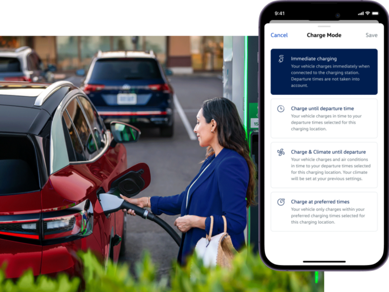 A parked ID.4 SUV in Aurora Red Metallic on a charging station. The myVW app is displayed on a superimposed mobile phone.