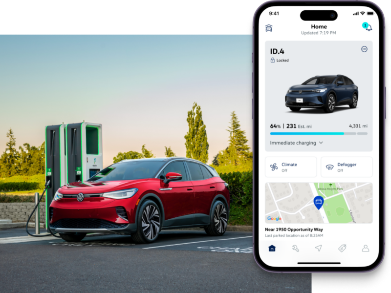 A parked ID.4 SUV in Aurora Red Metallic on a charging station. The MyVW app is displayed on a superimposed mobile phone