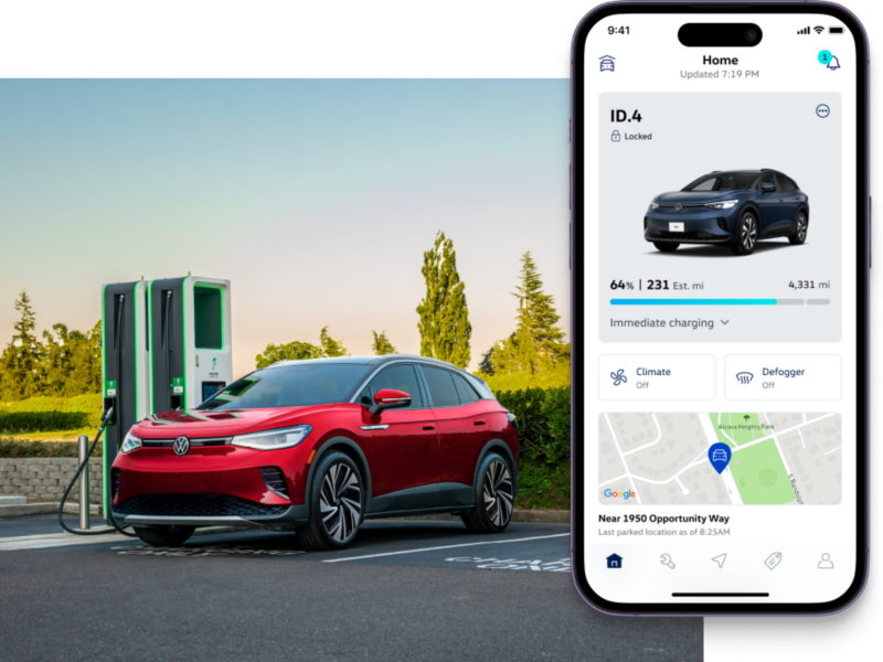 A parked ID.4 SUV in Aurora Red Metallic on a charging station. The MyVW app is displayed on a superimposed mobile phone