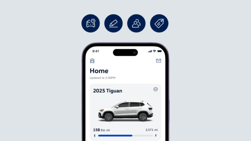 Volkswagen app home screen displays vehicle info and options.