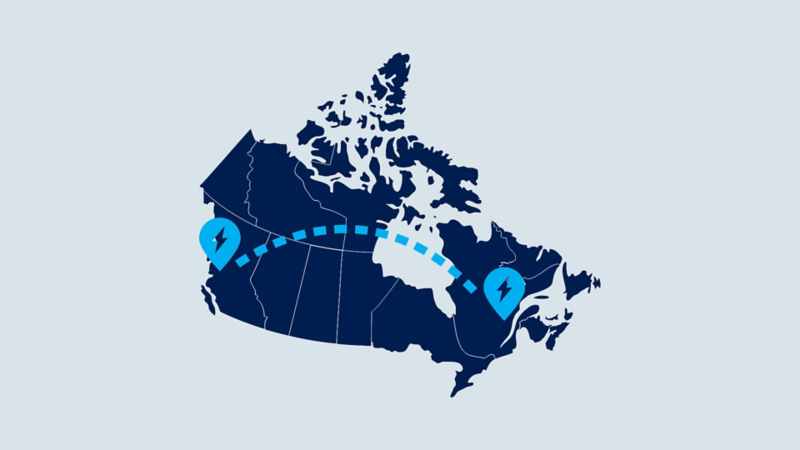 Map of canada showing coast-to-coast charging coverage