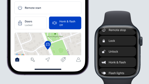VW remote app shows vehicle location and control options.