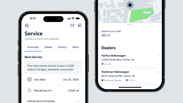 Volkswagen service app shows maintenance reminders and dealers.