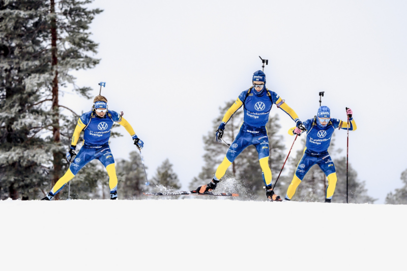 Tre personer från Svenska skidskyttelandslaget.