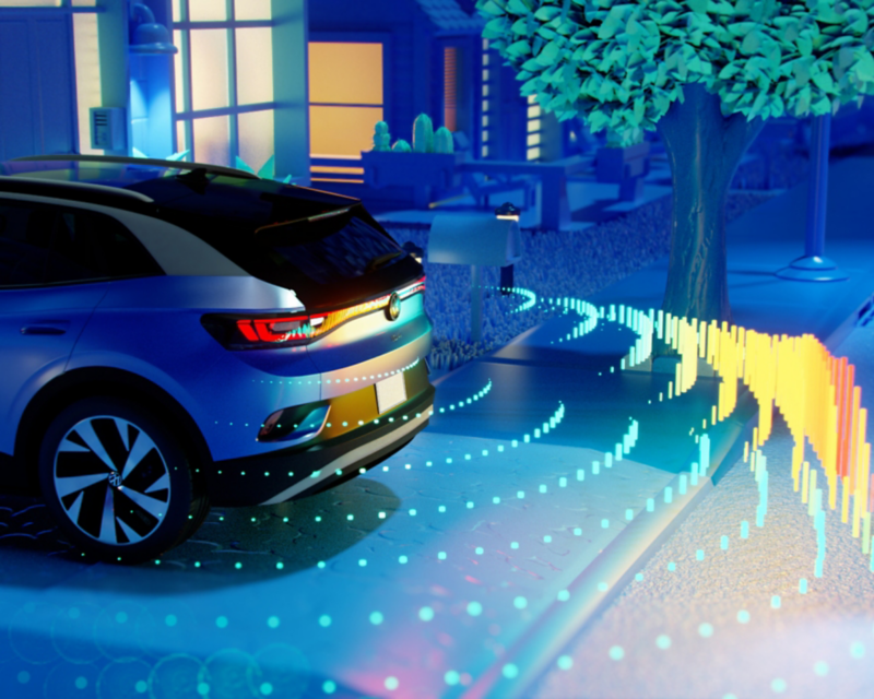 Vehículo CGI VW que muestra alerta de tráfico trasero.
