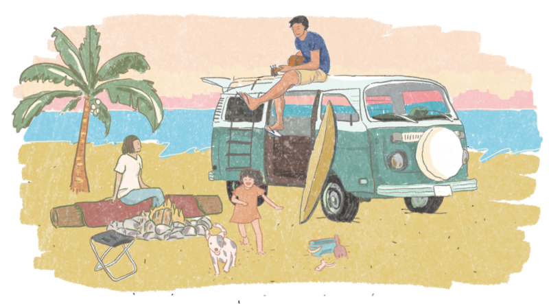 VanLife插畫 - 白綠雙色T2停在海邊沙灘上，男人坐在T2車頂，太太坐在沙灘上的木頭，前方升起營火，小孩與狗狗開心在沙灘上奔跑