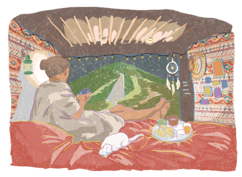 VanLife插畫 - 從車裡往車尾外看，可見車外的山與星空，車內部落風的裝飾圖騰充滿溫馨氛圍，女子與貓放鬆躺在臥舖上