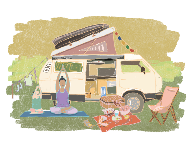 VanLife插畫 - 掀起車頂帳的T2在後，前方有母女坐在戶外瑜珈墊上做伸展動作