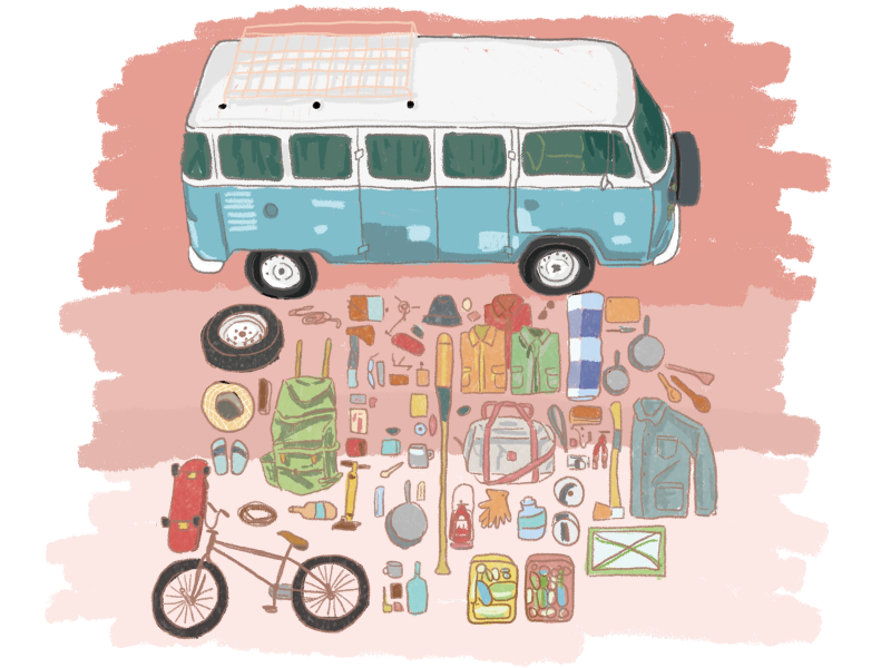 VanLife插畫 - 所有戶外生活的用具攤在藍白雙色T2前方