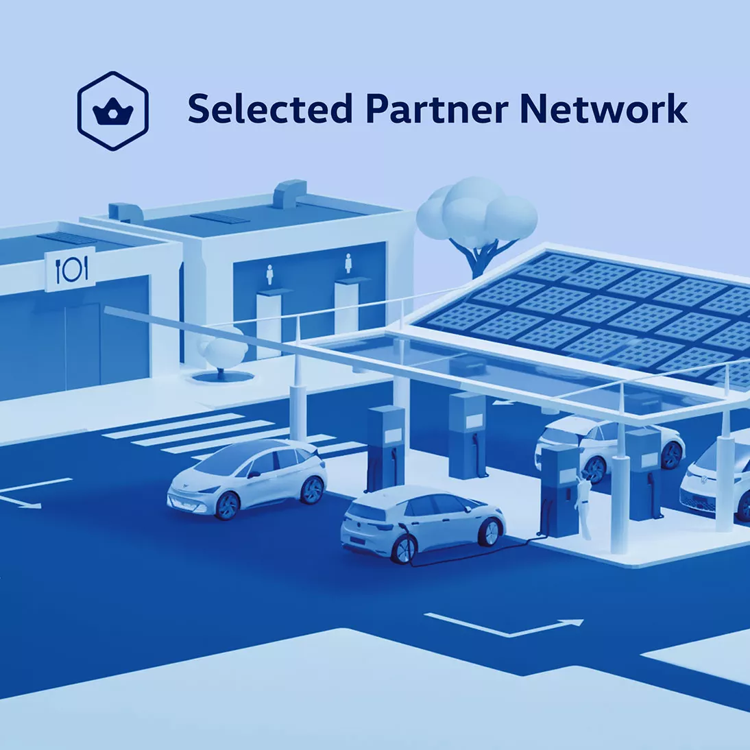 Illustrationen einer Tankstelle mit Ladestationen und Schriftzug "Selected Partner Network"