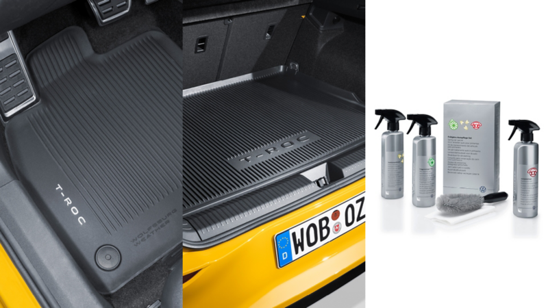  Trois images montrant des accessoires pour une Volkswagen T-Roc : des tapis de sol en caoutchouc, un bac de coffre de protection et un kit de produits d'entretien avec brosse et chiffons.