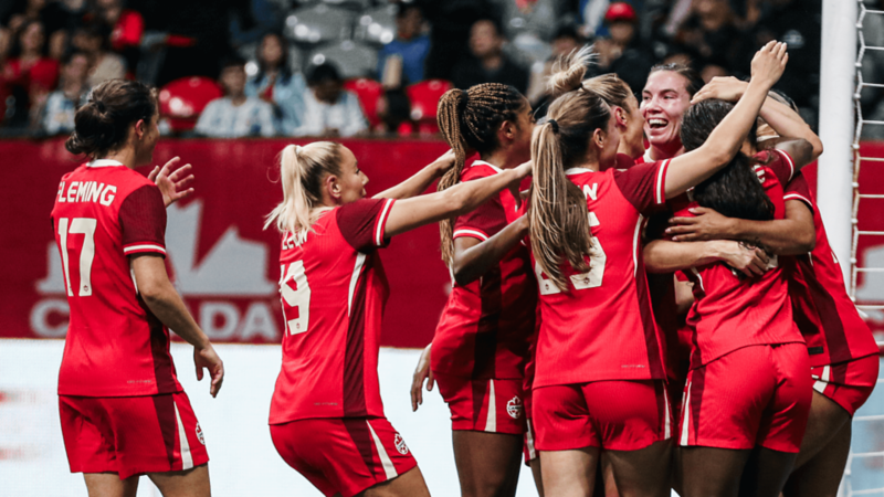 Les membres de l’équipe nationale féminine de Canada Soccer sautant de joie sur le terrain. En dessous, les logos de Canada Soccer et de Volkswagen.