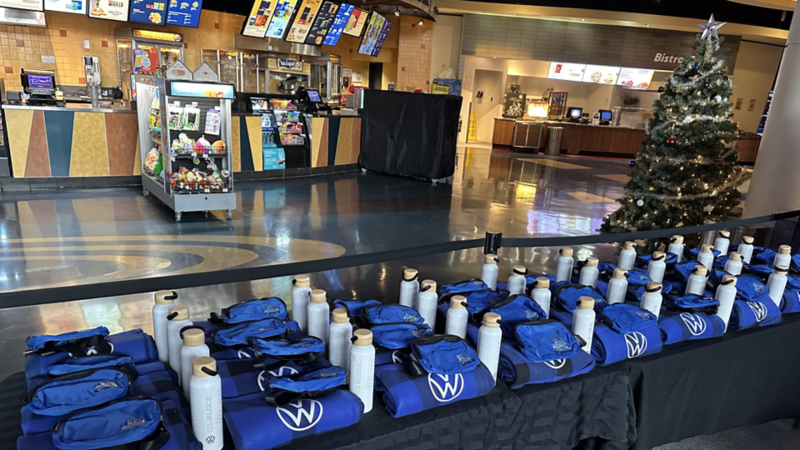 A collage featuring a dad with three kids holding branded cards, a family posing in a VW cutout, and the welcome table. 