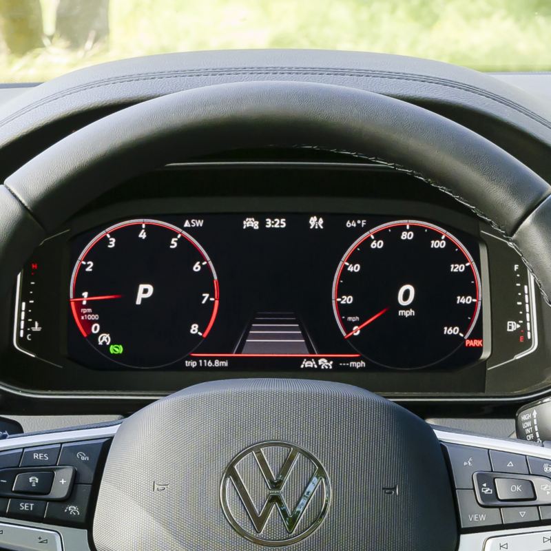 Close-up of the Volkswagen Digital Cockpit Pro in the 2025 VW Jetta, displaying the dashboard and digital gauges.