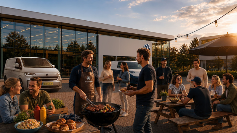Een groep mensen geniet van een gezellige barbecue naast twee witte Volkswagen Bedrijfswagens, voor een modern dealerpand.