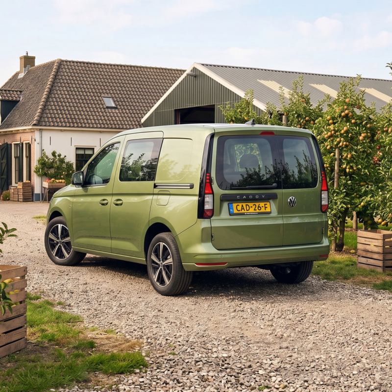 Achterzijde van een groene Volkswagen Caddy Flexible met kenteken CAD-26-F geparkeerd op een boerenerf.