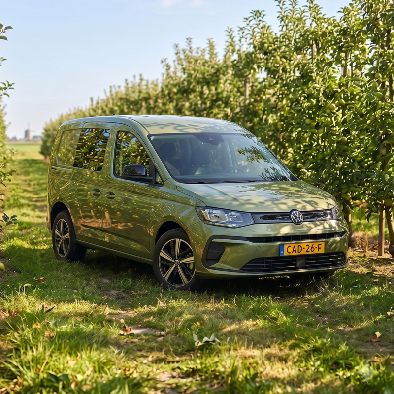 Groene Volkswagen Caddy Flexible met kenteken CAD-26-F geparkeerd in een boomgaard.