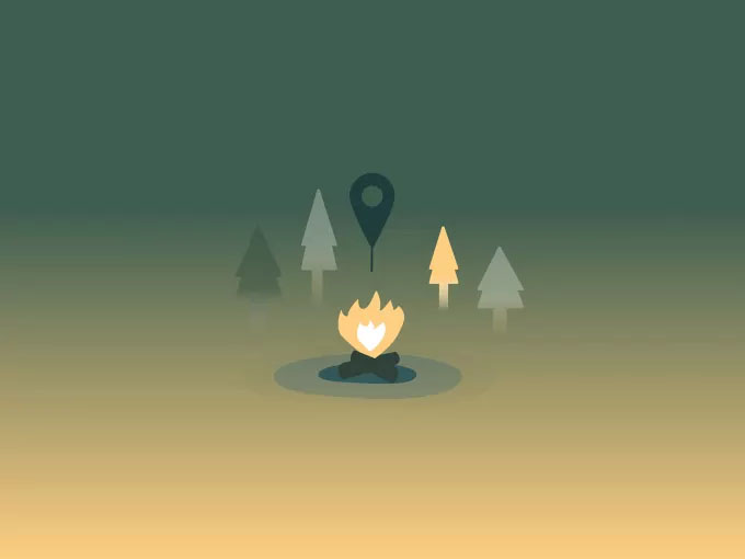 Geïllustreerd icoon van een kampvuur, bomen en een locatie-pin 
