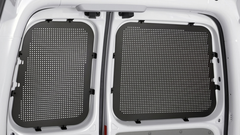 Zwarte geperforeerde stalen raamroosters gemonteerd aan de binnenzijde van de achterdeuren van een witte bestelwagen.