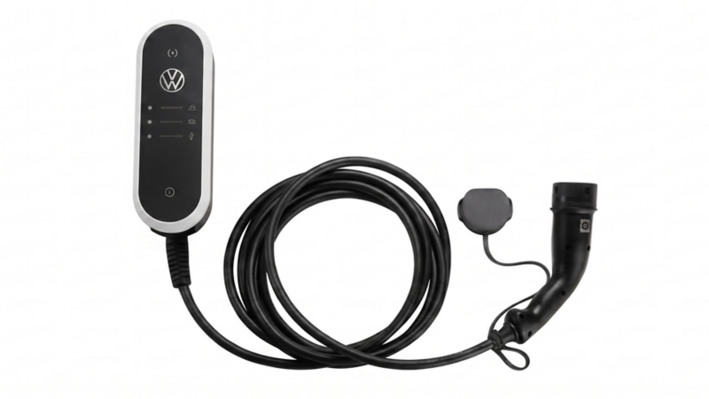 Volkswagen ID. Travel Charger Basic met oplaadkabel en Type 2 stekker op een witte achtergrond.