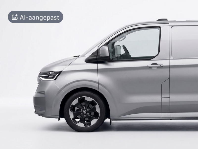 Zilverkleurige Volkswagen Transporter eHybrid waarvan de batterij wordt opgeladen via een aangesloten laadkabel.aangepast met kunstmatige intelligentie