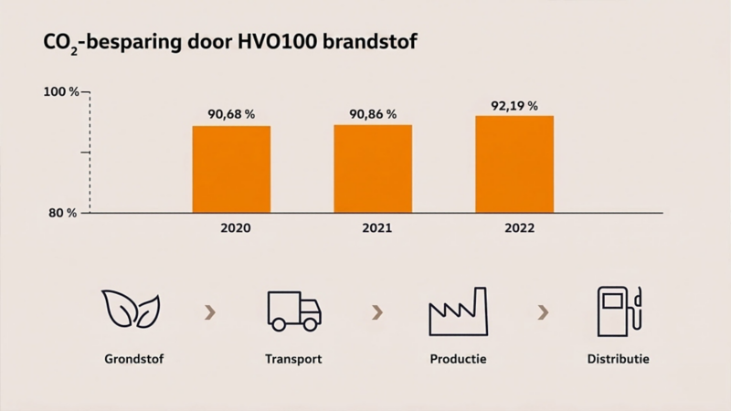 Staafdiagram van CO2-besparing door XTL-brandstoffen per jaar en de stappen in de productieketen.