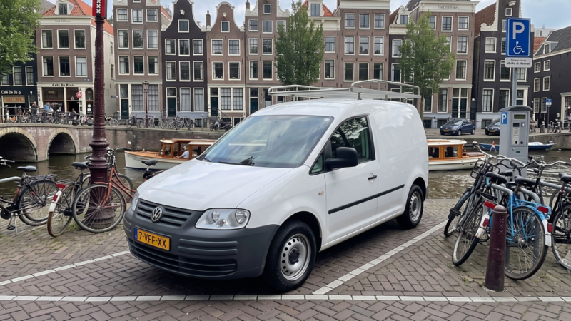 Witte Volkswagen Caddy met imperiaal, geparkeerd aan een gracht in een historische binnenstad.