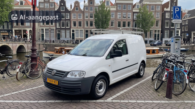 Witte Volkswagen Caddy met imperiaal, geparkeerd aan een gracht in een historische binnenstad.aangepast met kunstmatige intelligentie