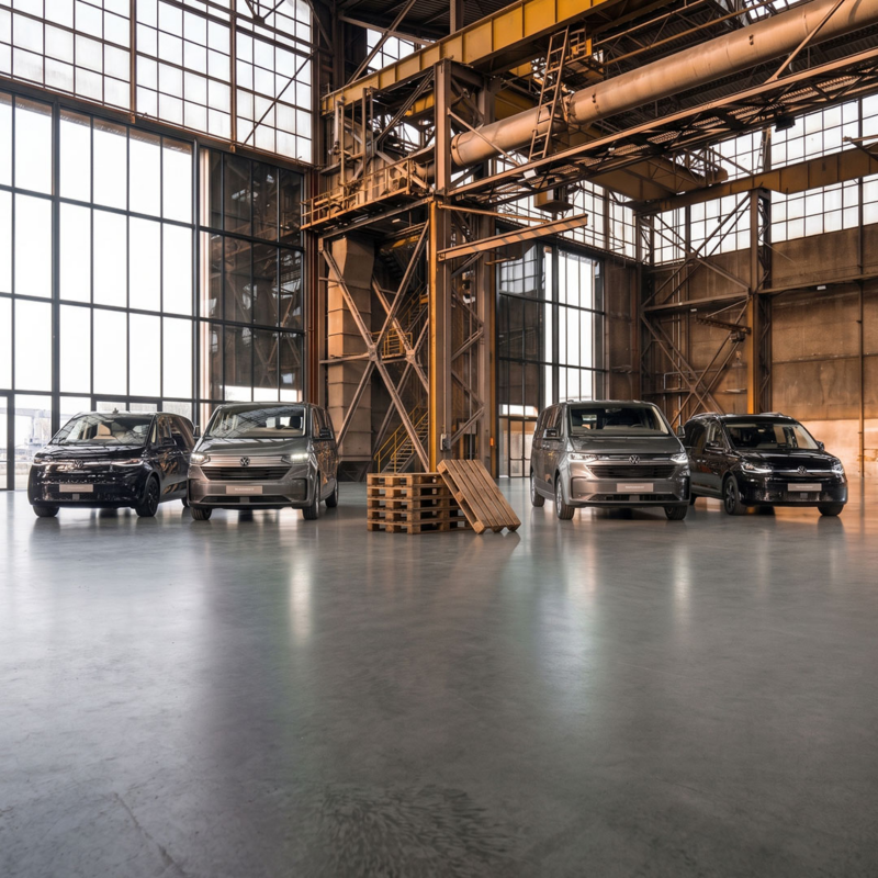 Vier verschillende Volkswagen Bedrijfswagens geparkeerd in een grote, industriële loods rondom gestapelde houten pallets.