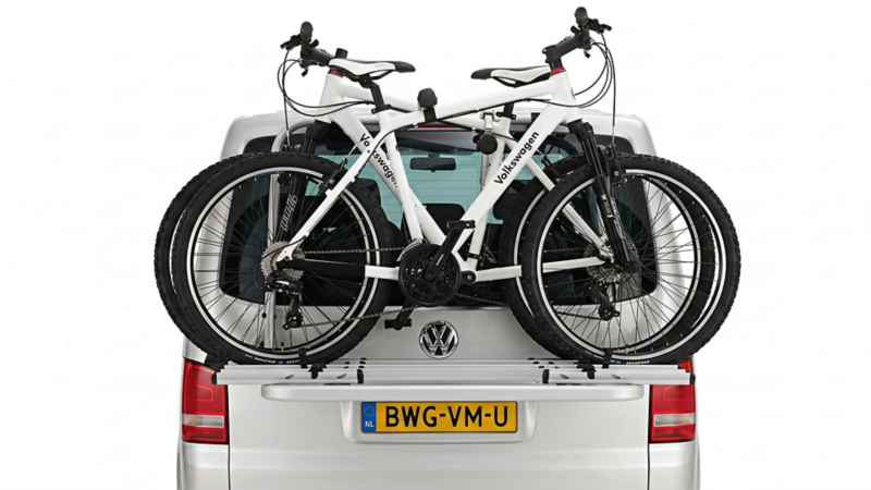 Twee witte Volkswagen mountainbikes op een zilverkleurige fietsendrager achterop een grijze Volkswagen Transporter.