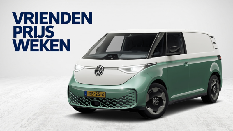 Vriendenprijs Weken. Een wit met mintgroene Volkswagen ID. Buzz Cargo bestelbus.
