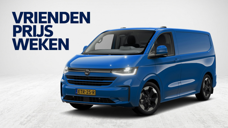 Vriendenprijs Weken. Een blauwe Volkswagen e-Transporter bestelbus.